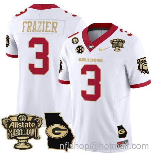 Men's Nike Nate Frazier Jersey #3 Georgia Bulldogs 2025 Sugar Bowl Patch Vapor White Gold Trim