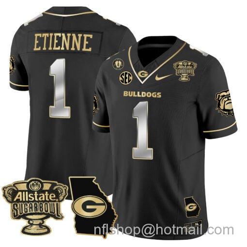 Men's Nike Trevor Etienne Jersey #1 Georgia Bulldogs 2025 Sugar Bowl Patch Vapor Black Gold