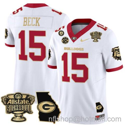 Men's Nike Carson Beck Jersey #15 Georgia Bulldogs 2025 Sugar Bowl Patch Vapor White Gold Trim