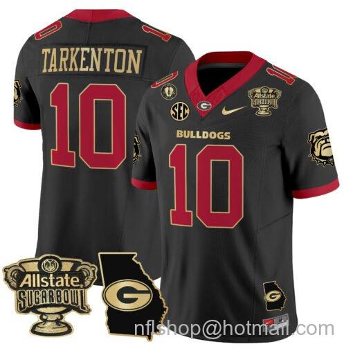 Men's Nike Fran Tarkenton Jersey #10 Georgia Bulldogs 2025 Sugar Bowl Patch Vapor Black Gold Trim