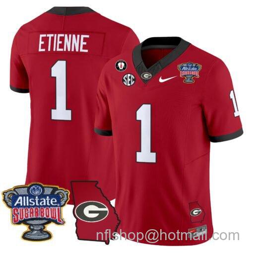 Men's Nike Trevor Etienne Jersey #1 Georgia Bulldogs 2025 Sugar Bowl Patch Vapor Red