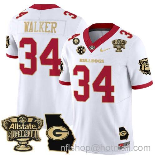 Men's Nike Herschel Walker Jersey #34 Georgia Bulldogs 2025 Sugar Bowl Patch Vapor White Gold Trim