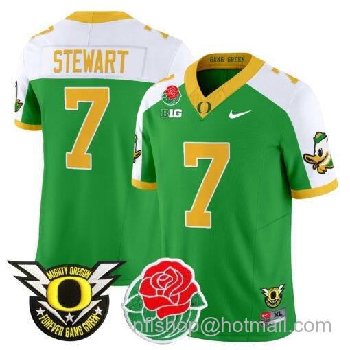 Men's Nike Evan Stewart Jersey #7 Oregon Ducks 2025 Rose Bowl Game Patch Vapor Green Alternate