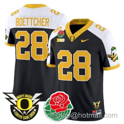 Men's Nike Bryce Boettcher Jersey #28 Oregon Ducks 2025 Rose Bowl Game Patch Vapor Black Alternate