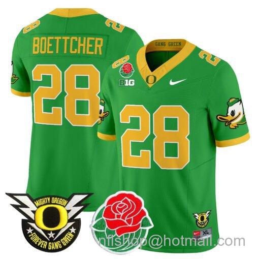 Men's Nike Bryce Boettcher Jersey #28 Oregon Ducks 2025 Rose Bowl Game Patch Vapor Green