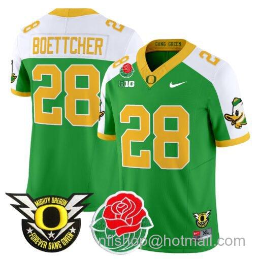 Men's Nike Bryce Boettcher Jersey #28 Oregon Ducks 2025 Rose Bowl Game Patch Vapor Green Alternate