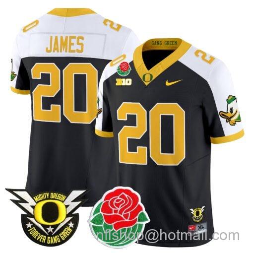 Men's Nike Jordan James Jersey #20 Oregon Ducks 2025 Rose Bowl Game Patch Vapor Black Alternate