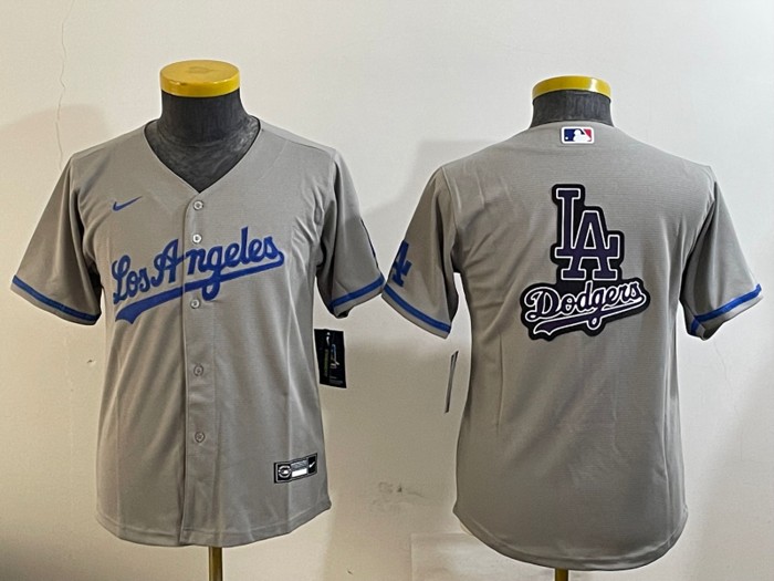 Youth Los Angeles Dodgers Big Team Logo LA Patch Road Grey Nike Limited Jersey