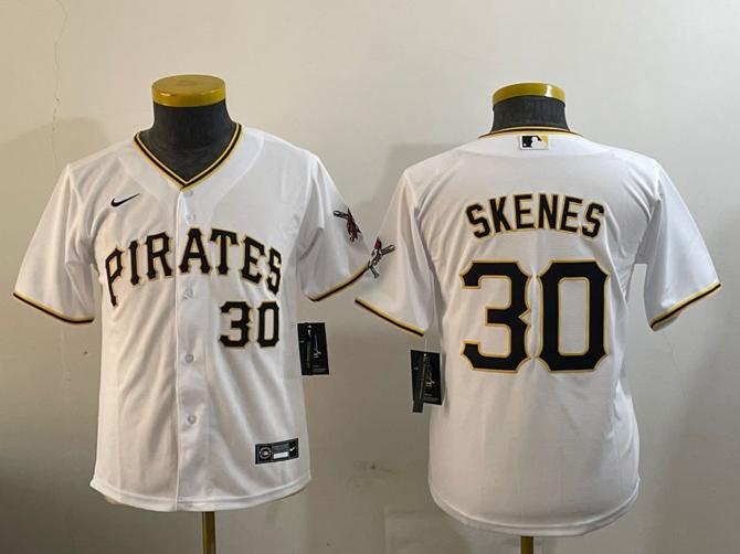 Youth Pittsburgh Pirates #30 Paul Skenes White With Patch Cool Base Stitched Baseball Jersey