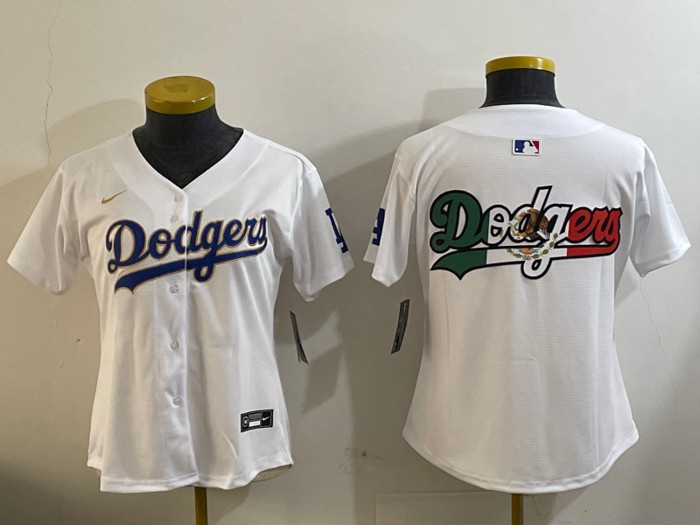 Women's Los Angeles Dodgers Big Team Logo Patch White Home Nike Limited Stitched Baseball Jersey Mexico