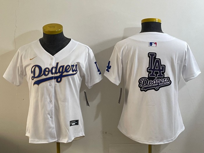 Women's Los Angeles Dodgers Big Team Logo LA Patch White Home Nike Limited Stitched Baseball Jersey