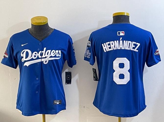 Women's Los Angeles Dodgers #8 Enrique Hernandez Royal 2024 World Series Champions With Fernando Memorial Patch Alternate Cool Base Stitched Baseball Jerseys