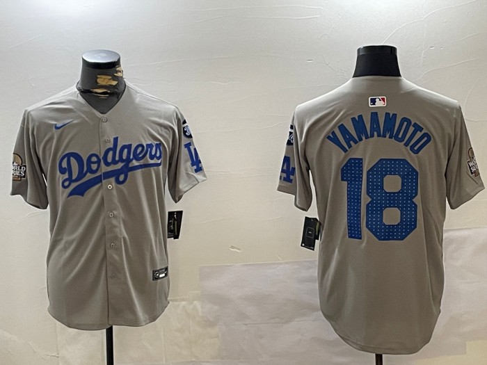 Men's Los Angeles Dodgers #18 Yoshinobu Yamamoto Grey 2024 World Series With Fernando Memorial Patch Limited Stitched Baseball Jerseys