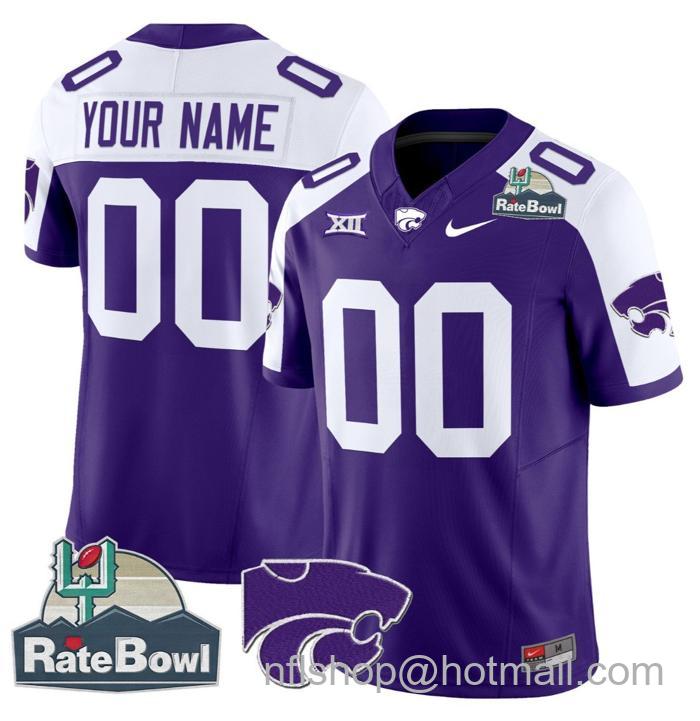 Men's Nike Custom Kansas State Wildcats Jersey 2025 Rate Bowl Patch Purple Alternate