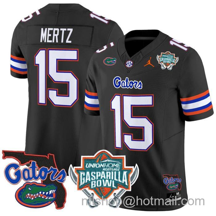 Men's Jordan Brand Graham Mertz Jersey #15 Florida Gators 2025 Gasparilla Bowl Patch Black