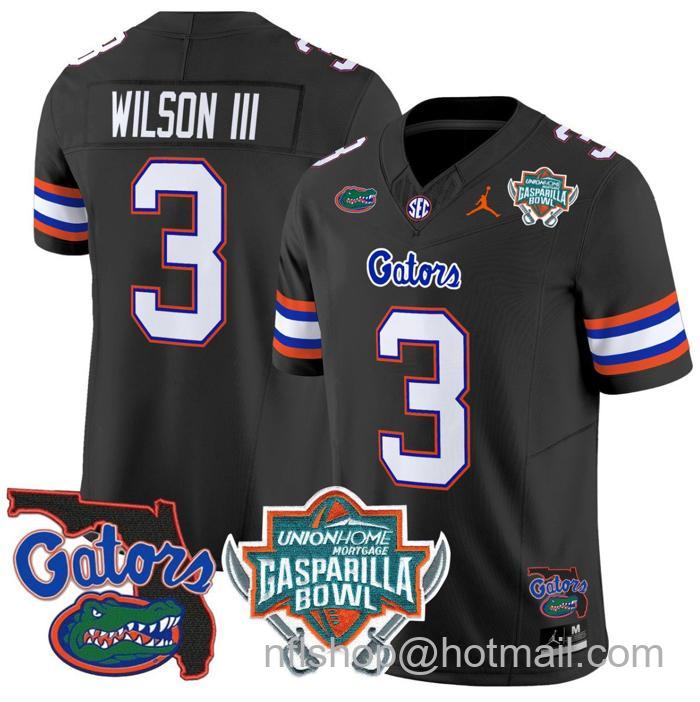 Men's Jordan Brand Eugene Wilson III Jersey #3 Florida Gators 2025 Gasparilla Bowl Patch Black