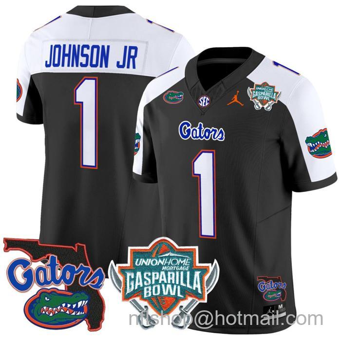 Men's Jordan Brand Montrell Johnson Jr Jersey #1 Florida Gators 2025 Gasparilla Bowl Patch Black Alternate