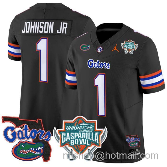 Men's Jordan Brand Montrell Johnson Jr Jersey #1 Florida Gators 2025 Gasparilla Bowl Patch Black