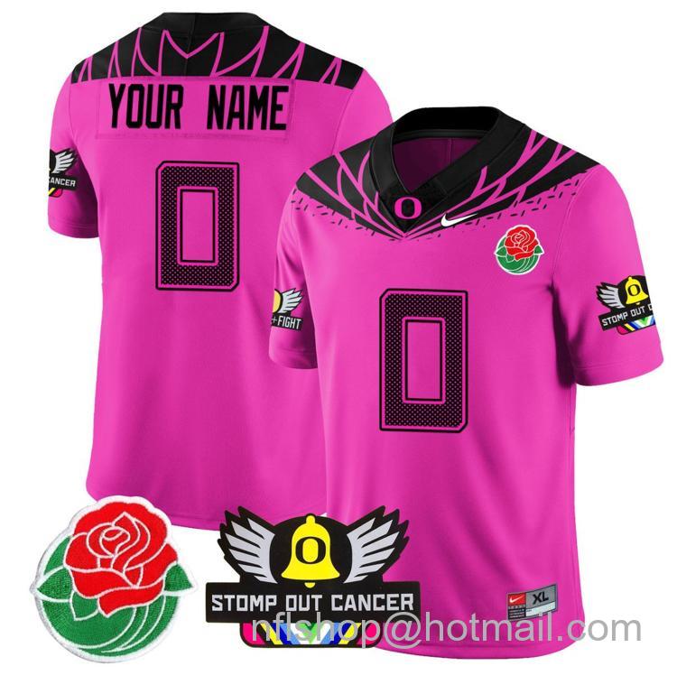 Men's Nike Custom Oregon Ducks Jersey 2024 Rose Bowl Stomp Out Cancer Patch Football Stitched Pink