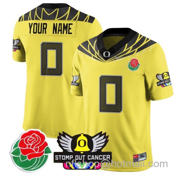 Men's Nike Custom Oregon Ducks Jersey 2024 Rose Bowl Stomp Out Cancer Patch Football Stitched Yellow