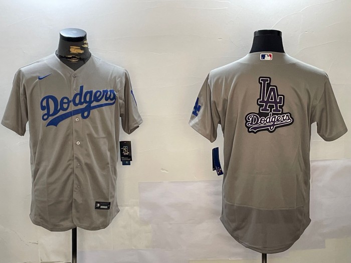 Men's Los Angeles Dodgers Big Team Logo LA Patch Grey Nike Flex Base MLB  Jersey