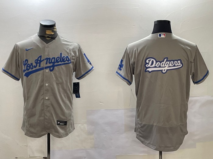 Men's Los Angeles Dodgers Big Team Logo Patch Grey Nike Flex Base Baseball Jerseys