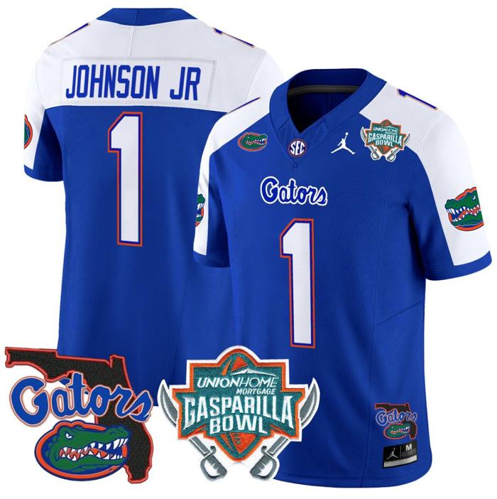 Men's Jordan Brand Montrell Johnson Jr Jersey #1 Florida Gators 2025 Gasparilla Bowl Patch Royal Alternate