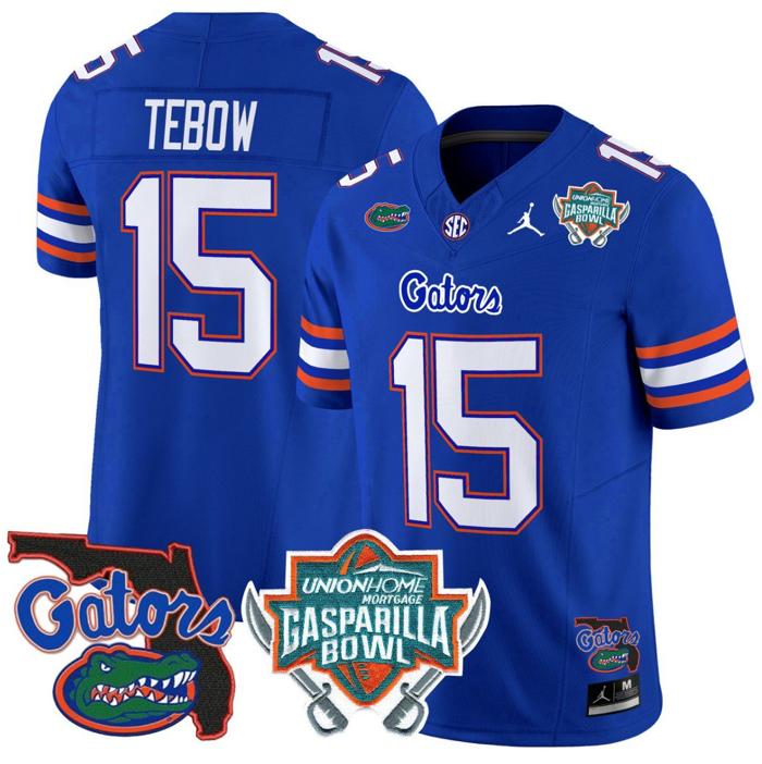 Men's Jordan Brand Tim Tebow Jersey #15 Florida Gators 2025 Gasparilla Bowl Patch Royal