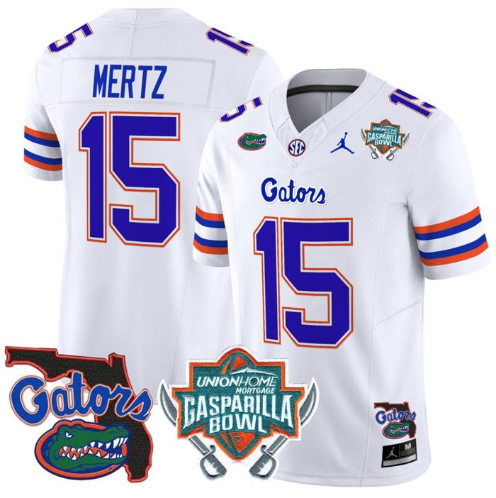 Men's Jordan Brand Graham Mertz Jersey #15 Florida Gators 2025 Gasparilla Bowl Patch White