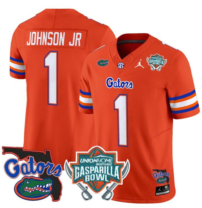 Men's Jordan Brand Montrell Johnson Jr Jersey #1 Florida Gators 2025 Gasparilla Bowl Patch Orange