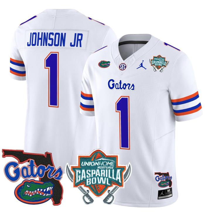 Men's Jordan Brand Montrell Johnson Jr Jersey #1 Florida Gators 2025 Gasparilla Bowl Patch White