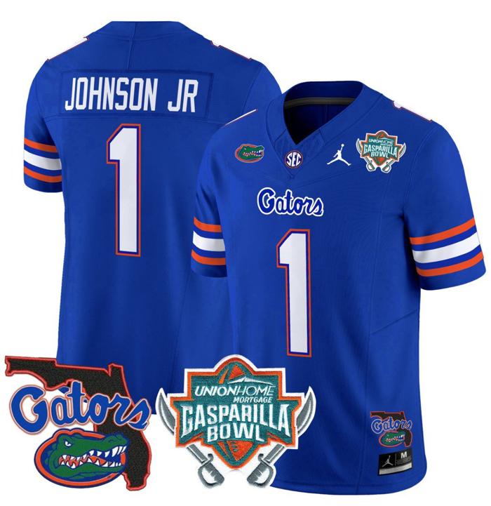 Men's Jordan Brand Montrell Johnson Jr Jersey #1 Florida Gators 2025 Gasparilla Bowl Patch Royal