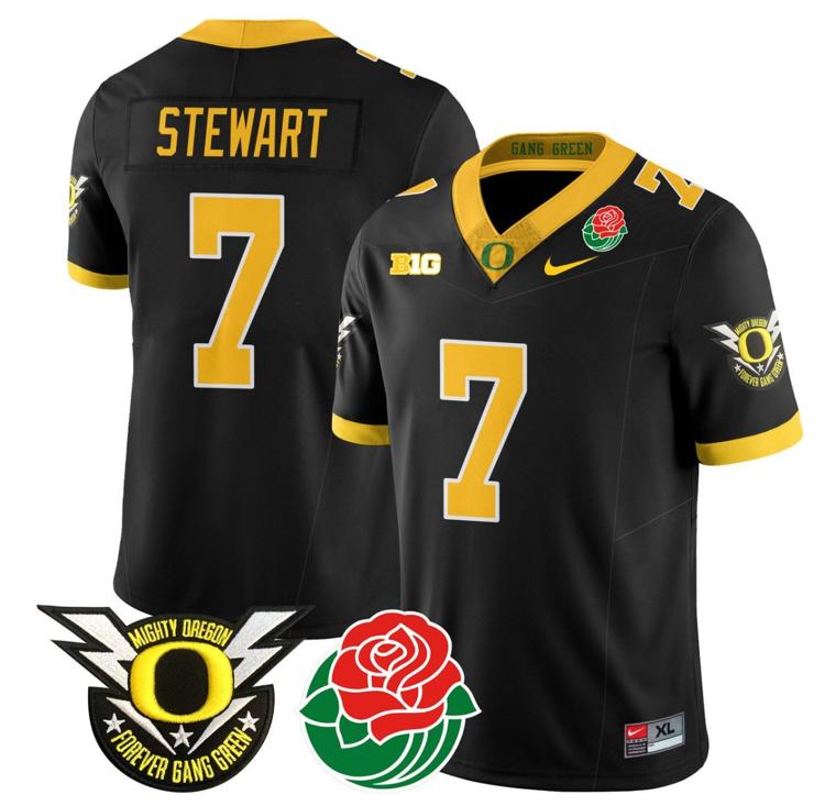 Men's Nike Evan Stewart Jersey #7 Oregon Ducks 2024 Mighty Rose Bowl Patch N2 Black