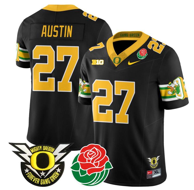 Men's Nike Daylen Austin Jersey #27 Oregon Ducks 2024 Rose Bowl Patch Football Black