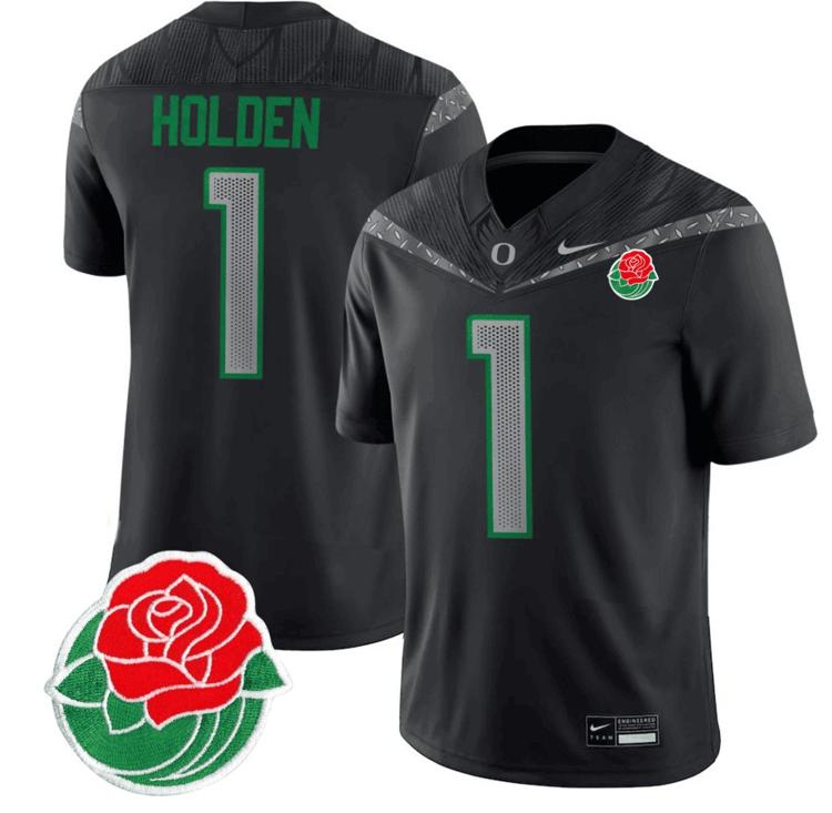 Men's Nike Traeshon Holden Jersey #1 Oregon Ducks Rose Bowl Patch Vapor Football Black