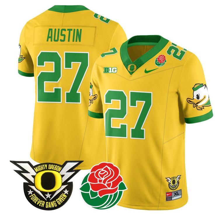 Men's Nike Daylen Austin Jersey #27 Oregon Ducks 2024 Rose Bowl Patch N1 Football Yellow