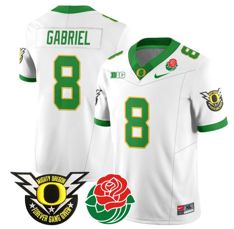 Men's Nike Dillon Gabriel Jersey #8 Oregon Ducks 2024 Mighty Rose Bowl Patch N2 White