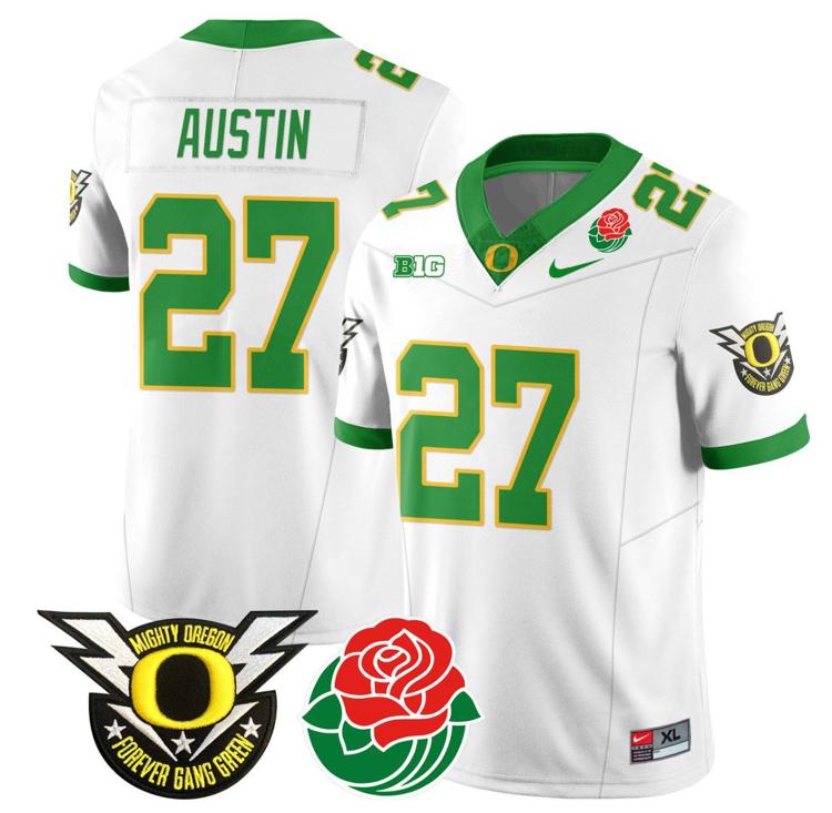 Men's Nike Daylen Austin Jersey #27 Oregon Ducks 2024 Mighty Rose Bowl Patch N2 White