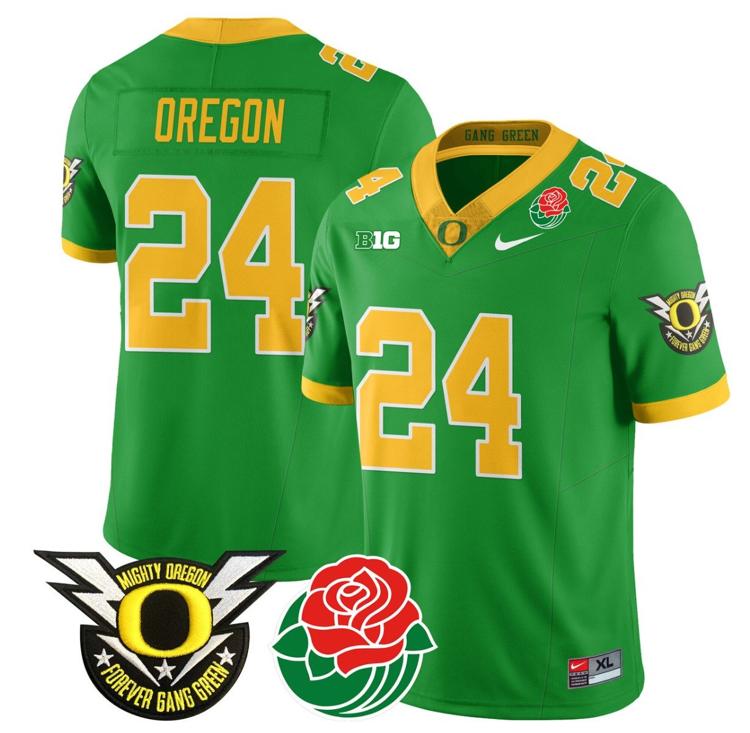 Men's Nike Oregon Jersey #24 Oregon Ducks 2024 Mighty Rose Bowl Patch N2 Football Green