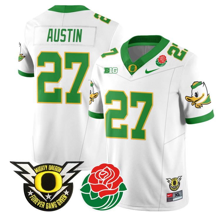 Men's Nike Daylen Austin Jersey #27 Oregon Ducks 2024 Rose Bowl Patch N1 Football White