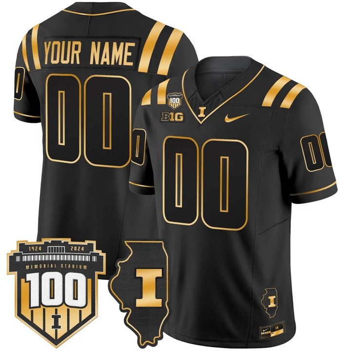 Custom Nike Men's Youth Illinois Fighting Illini 100th Memorial Stadium Patch Black Gold Vapor Limited Stitched Football Jersey