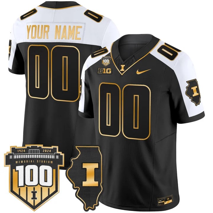 Custom Nike Men's Youth Illinois Fighting Illini 100th Memorial Stadium Patch Black Gold Alternate Vapor Limited Stitched Football Jersey