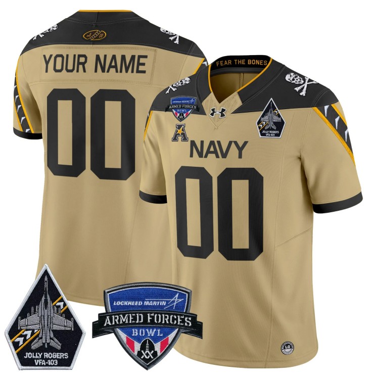 Custom Men's Youth Navy Midshipmen 2025 Armed Forces Bowl Jolly Rogers Patch Vapor Limited Stitched Football Jersey Gold