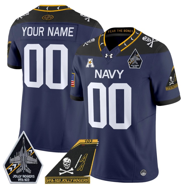 Custom Men's Youth Navy Midshipmen VFA-103 Jolly Rogers Patch Vapor Limited Stitched Football Jersey Navy