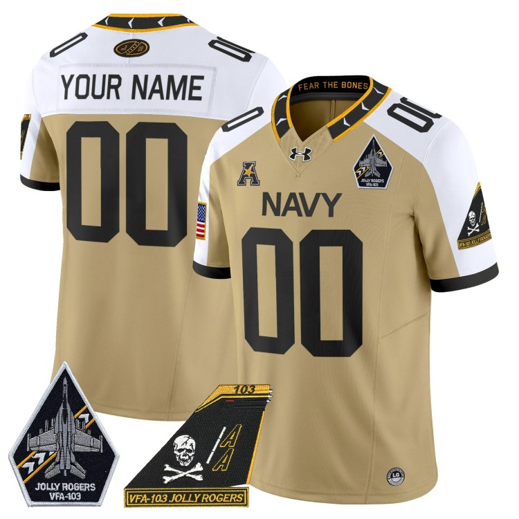 Custom Men's Youth Navy Midshipmen VFA-103 Jolly Rogers Patch Vapor Limited Stitched Football Jersey Gold Alterntate