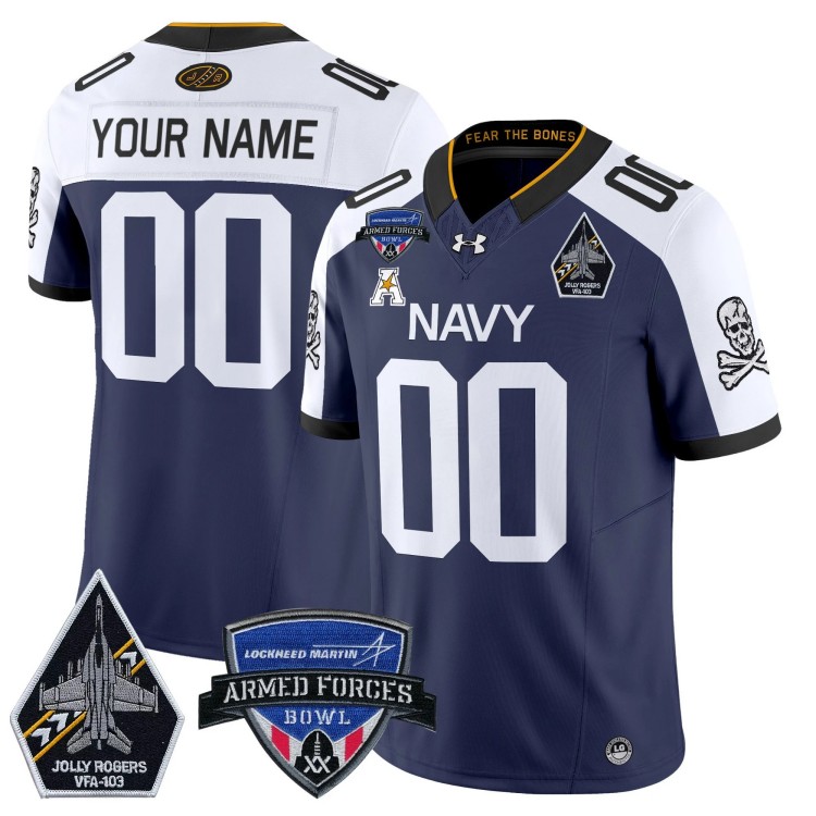 Custom Men's Youth Navy Midshipmen 2025 Armed Forces Bowl Jolly Rogers Patch Vapor Limited Stitched Football Jersey Navy Alternate