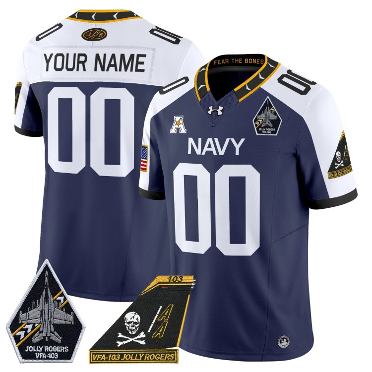 Custom Men's Youth Navy Midshipmen VFA-103 Jolly Rogers Patch Vapor Limited Stitched Football Jersey Navy Alternate