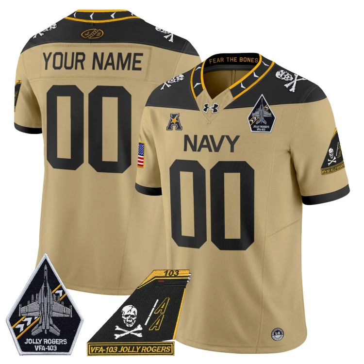 Custom Men's Youth Navy Midshipmen VFA-103 Jolly Rogers Patch Vapor Limited Stitched Football Jersey Gold