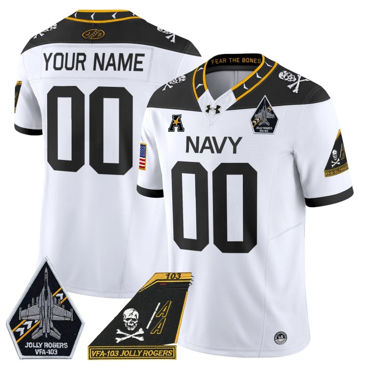 Custom Men's Youth Navy Midshipmen VFA-103 Jolly Rogers Patch Vapor Limited Stitched Football Jersey White