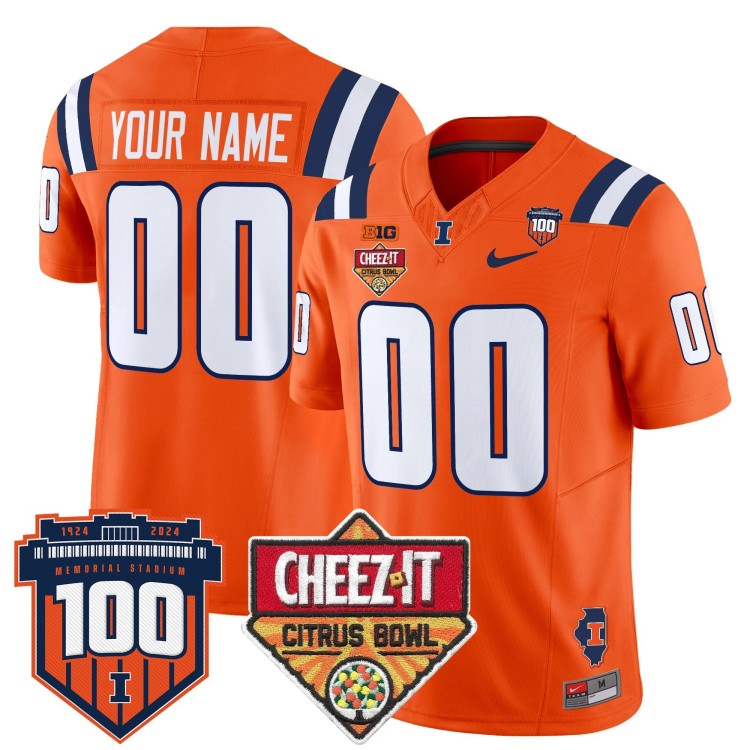 Custom Nike Men's Youth Illinois Fighting Illini 2025 Cheez-It Citrus Bowl Patch 100th Vapor Limited Stitched Jersey Orange